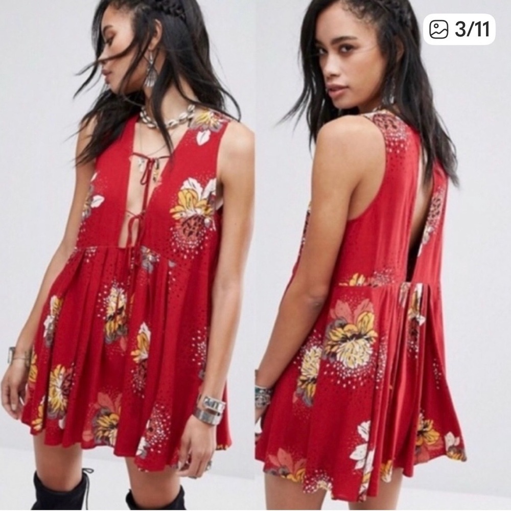 Free People Lovely Day Red Floral Tunic / Mini Dress Sz XS Tie Front Coachella